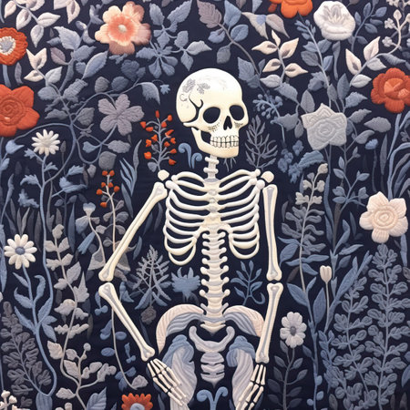 Skulls and flowers in delicate embroidery.,Gothic Elegance: A Skeleton Amidst a Floral Symphonyの素材