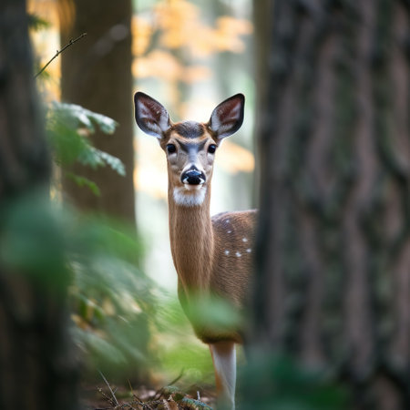 Serene Encounter: Doe in the Autumn Woods, deer in the woods, deer in the forestの素材