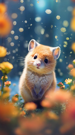 Golden Hamster: A Tiny Spectacle Amidst a Floral Seaの素材