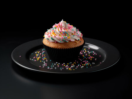 Frosted cupcakes on a plate placed on a black background, food photography,Sweet Delight: A Cupcake's Rainbow Whirl,cupcakes on a plate,cupcake with icing and sprinklesの素材
