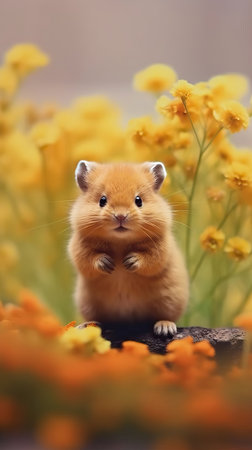 Golden Hamster: A Tiny Spectacle Amidst a Floral Seaの素材