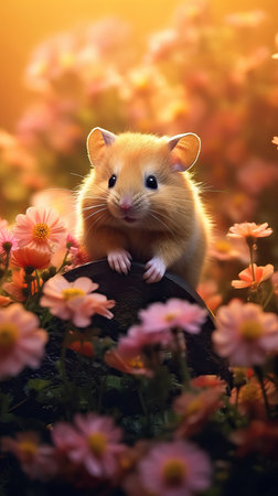 Golden Hamster: A Tiny Spectacle Amidst a Floral Seaの素材