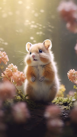 Golden Hamster: A Tiny Spectacle Amidst a Floral Seaの素材