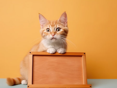 Artistic Tabby Cat and the Yellow Canvas,cat with blank boardの素材