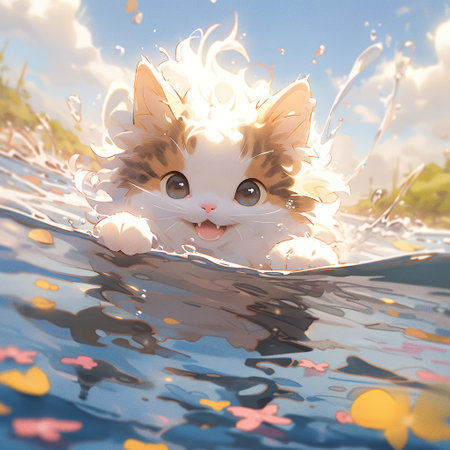 Playful Kitten's Aquatic Adventure,cat on the sea,Water playful kitten illustration, animal cartoon secondary illustrationの素材