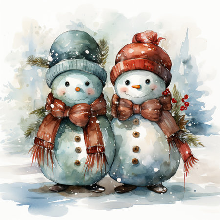 Winter Companions: Two Snowmen in a Park,snowmens on snow,Watercolor illustration of a snowman in winter with Christmas atmosphereの素材