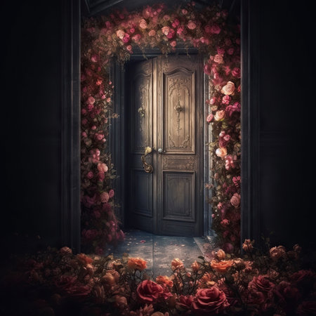 Romantic Rose Bush Adorning a Blue Door,old door,door with flowersの素材