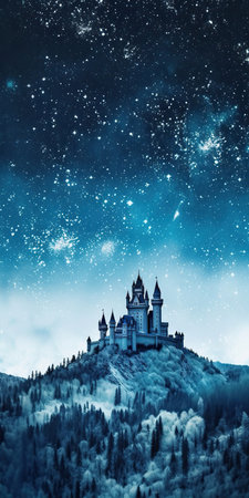 Starry Night over a Snowy Castle,castle in the night,view of the castle of the mountains,view of a castleの素材
