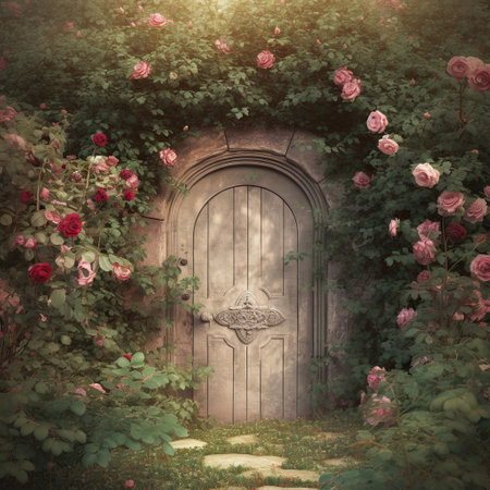 Romantic Rose Bush Adorning a Blue Door,old door,door with flowersの素材