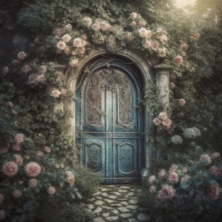 Romantic Rose Bush Adorning a Blue Door,old door,door with flowersの素材