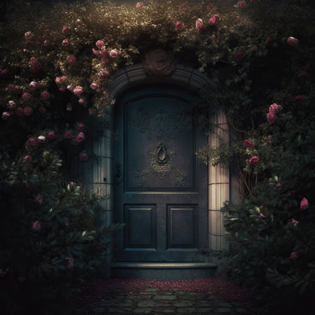 Romantic Rose Bush Adorning a Blue Door,old door,door with flowersの素材