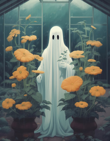 Ethereal Presence in the Greenhouse: A Ghostly Figure Amidst Blooms,halloween scene,halloween scene with ghostの素材