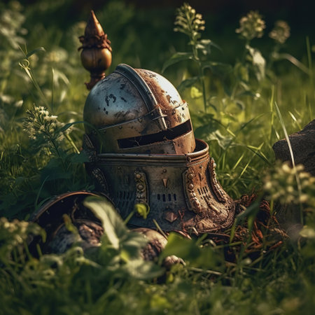 Knight's Respite: A Medieval Helmet Amidst Nature's Bloom,medieval knight helmetの素材
