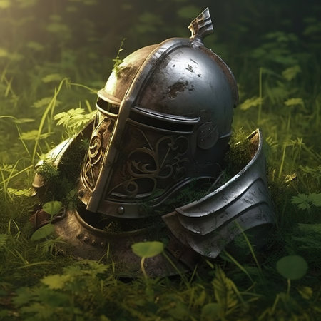Knight's Respite: A Medieval Helmet Amidst Nature's Bloom,medieval knight helmetの素材