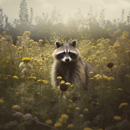 Nature's Acrobat: A Raccoon Amidst a Field of Wildflowersの素材
