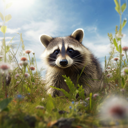 Nature's Acrobat: A Raccoon Amidst a Field of Wildflowersの素材