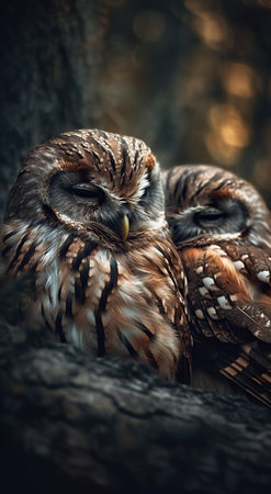 Nighttime Guardians: Two Owls Perched in a Dark Forestの素材