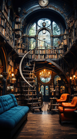 The Scholar's Sanctuary: A Library with a View,interior of an house,interior of an buildingの素材