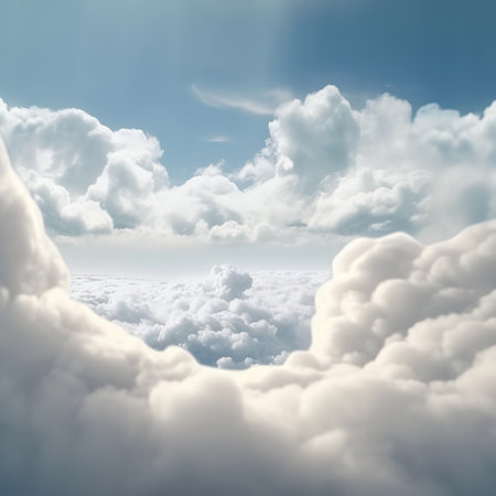 Dreamscape Slumber: A Bed in a Cloud Cave,window with clouds,clouds in the sky,blue sky with cloudsの素材