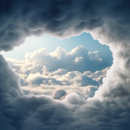 Dreamscape Slumber: A Bed in a Cloud Cave,window with clouds,clouds in the sky,blue sky with cloudsの素材