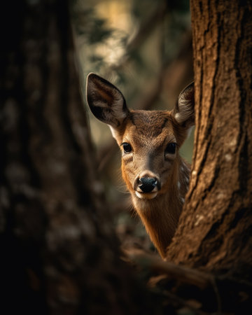 Forest Serenity: A Doe's Gaze in the Wilderness,deer in the forest,deer in the woods,deer in the wildの素材