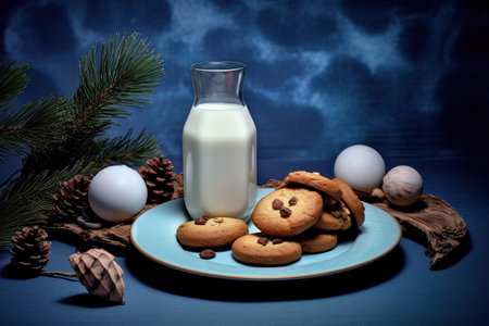 Festive Cookies and Milk on a Blue Background,milk and cookies,glass of milk and cookiesの素材