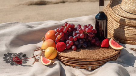 Picnic Basket with Fruits and Wine on a Beachの素材