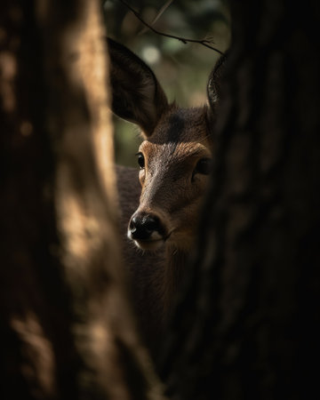 Forest Serenity: A Doe's Gaze in the Wilderness,deer in the forest,deer in the woods,deer in the wildの素材