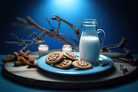 Festive Cookies and Milk on a Blue Background,milk and cookies,glass of milk and cookiesの素材