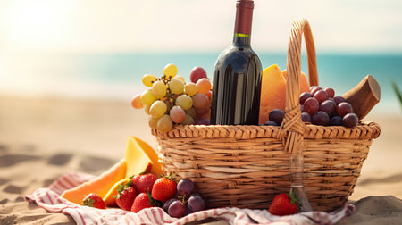 Picnic Basket with Fruits and Wine on a Beachの素材