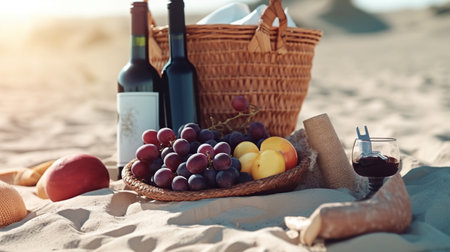 Picnic Basket with Fruits and Wine on a Beachの素材