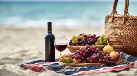 Picnic Basket with Fruits and Wine on a Beachの素材