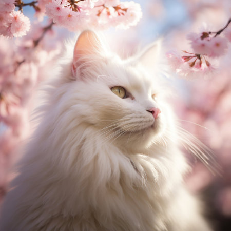 Cherry Blossom Gaze: A White Cat's Springtime Reverieの素材