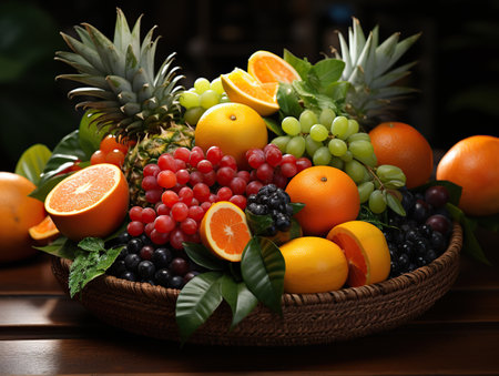 fruit basket on black background,Fruitful Abundance: A Basket of Assorted Delights,fruit basket with fruits,fruits and vegetablesの素材