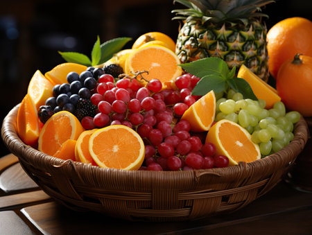 fruit basket on black background,Fruitful Abundance: A Basket of Assorted Delights,fruit basket with fruits,fruits and vegetablesの素材