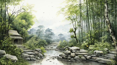 A bamboo forest with a stone path and a bridge, misty morning in the forestの素材