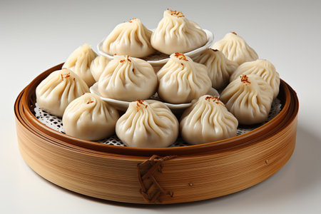 chinese steamed dumplings,chinese dim sum,A wooden platter with dumplings and dipping saucesの素材