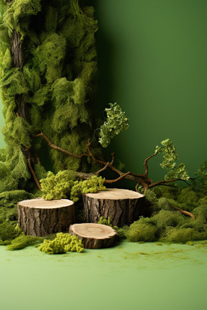 A miniature forest scene on a green background, Moss and wood display stand, green background for forest settingの素材