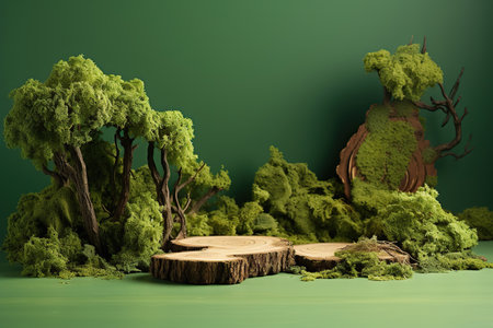 A miniature forest scene on a green background, Moss and wood display stand, green background for forest settingの素材