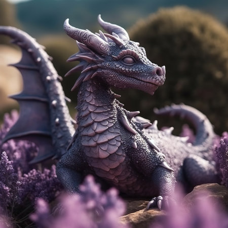 Enchanted Twilight: Purple Dragon Amidst a Lavender Fieldの素材