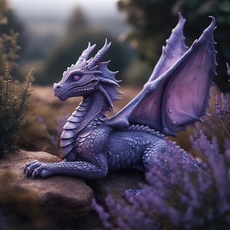 Enchanted Twilight: Purple Dragon Amidst a Lavender Fieldの素材