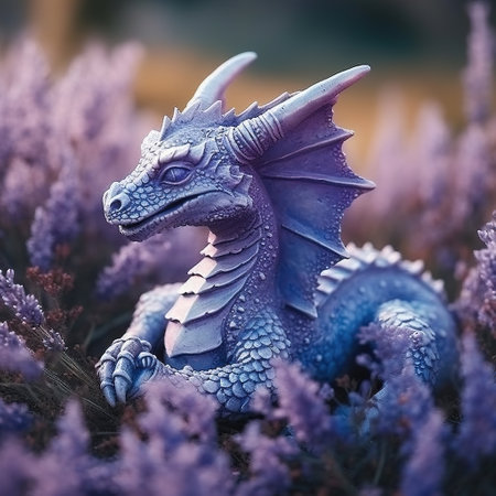Enchanted Twilight: Purple Dragon Amidst a Lavender Fieldの素材