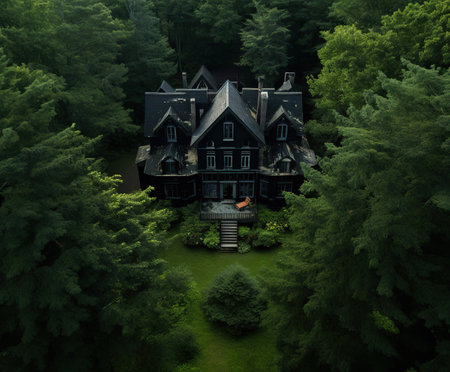 Secluded Sanctuary: A Black Wooden House in a Dense Forest,house in the forest,house in the woodsの素材