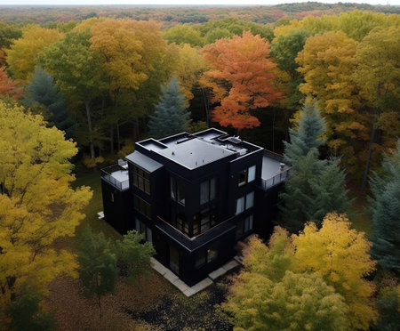 Secluded Sanctuary: A Black Wooden House in a Dense Forest,house in the forest,house in the woodsの素材