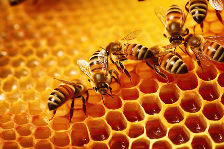 Honey Bees at Work on a Honeycomb, bee on honeycomb, bees on honeycomb, bee and honey, bees and honeycombの素材