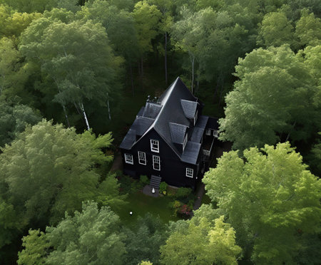 Secluded Sanctuary: A Black Wooden House in a Dense Forest,house in the forest,house in the woodsの素材