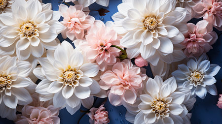 Bouquet of Pink Dahlias in Full Bloom Against a Blue Background,blossom background,blossom in spring,pink and white flowersの素材