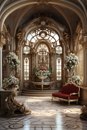 Golden Elegance: An Ornate Room with a Majestic Viewの素材