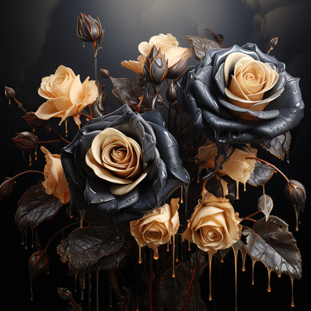 bouquet of roses,Dreamy Blooms: A Bouquet of Orange Roses Amidst Dark Swirlsの素材