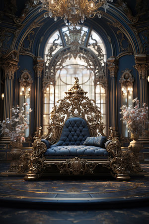 Golden Elegance: An Ornate Room with a Majestic Viewの素材